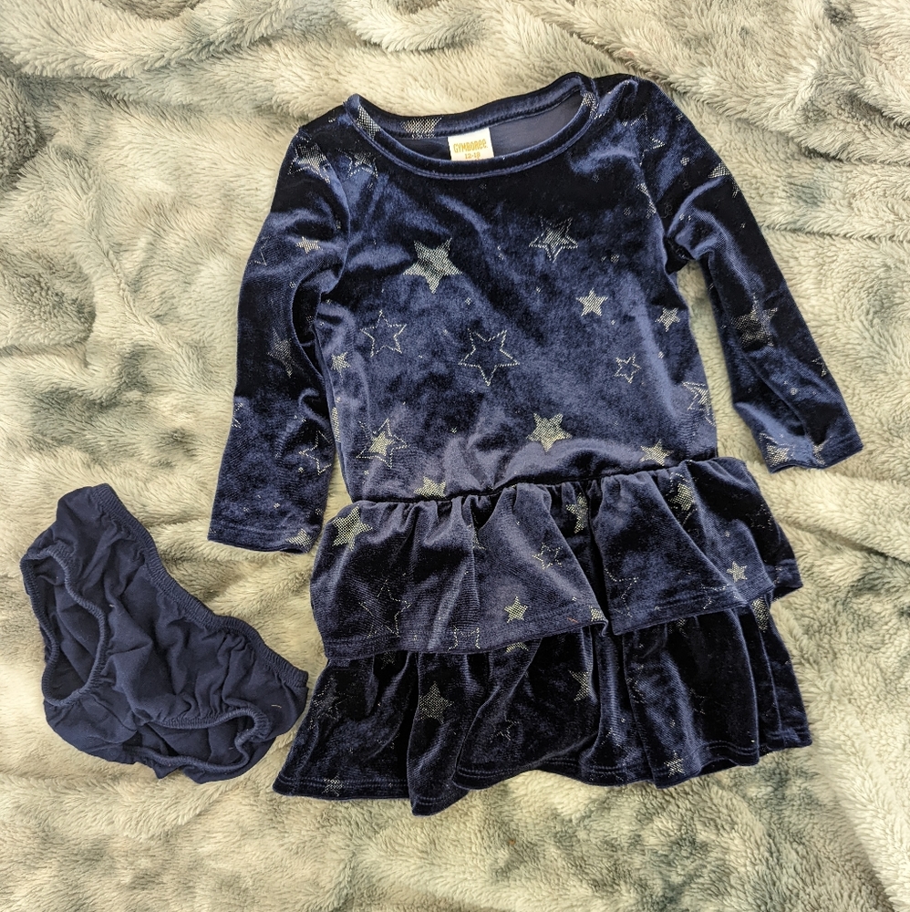 Gymboree navy velour dress with silver stars and bloomers